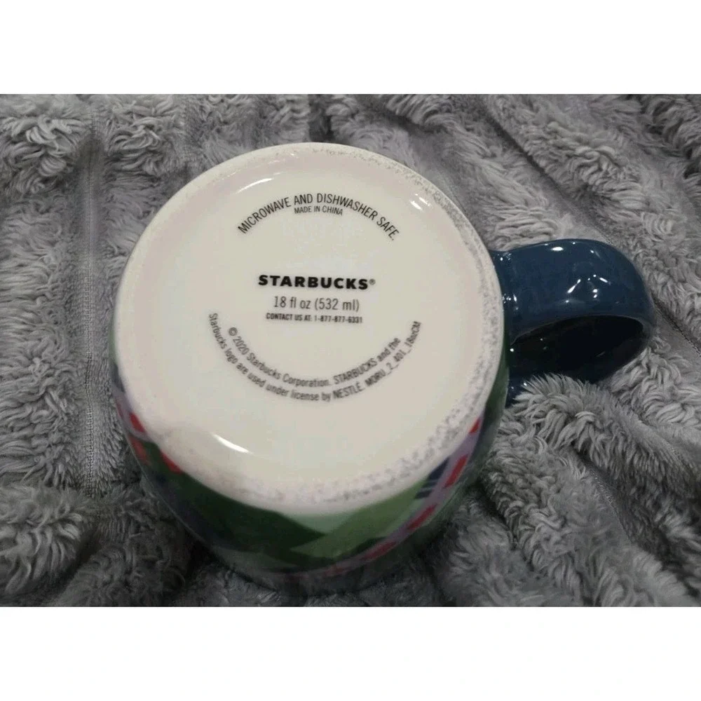 2020 Starbucks Green Coffee Mug Crisscross Lines Blue Handle Starbucks Logo EUC!